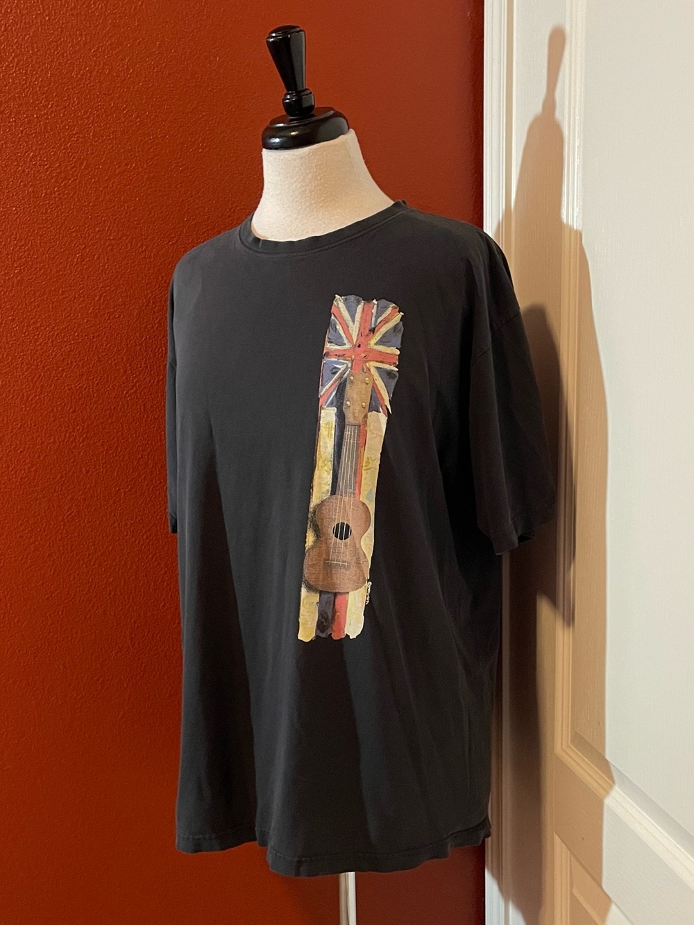 Crazy Shirts Men’s Vintage Union Jack Flag Guitar Print Black Tee Shirt